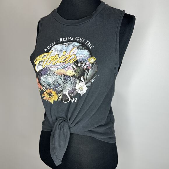 Bershka Florida Cropped Tank Top S Graphic Gray Tie Front Embroidered - Picture 3 of 9